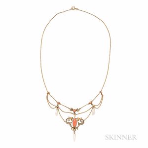 Art Nouveau 14kt Gold, Coral, and Freshwater Pearl Necklace