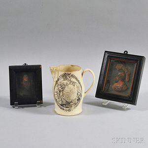 Liverpool Transfer-decorated Creamware Jug and Two Framed Wax Portrait Miniatures