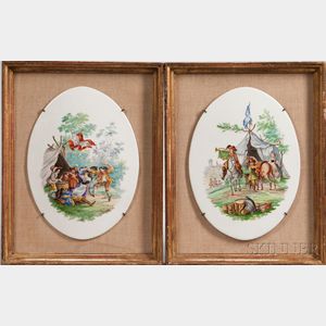 Pair of European Framed Hand-painted Oval Porcelain Plaques with Figural Scenes