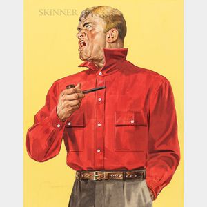American School, 20th Century Illustration of a Man in a Red Shirt, Holding a Pipe.