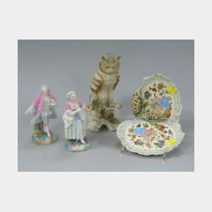 Pair of Zsolnay Trays, a Porcelain Owl and a Pair of Continental Porcelain Figures.