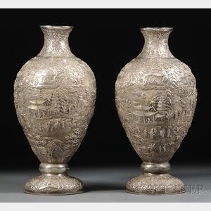 Pair of Large Chinese Export Silver Vases