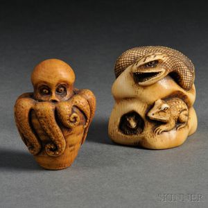 Two Ivory Netsuke of Creatures