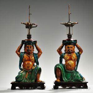 Near Pair of Sancai-glazed Figure Lamps