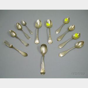 Ten Coin Silver Spoons and a Fork.