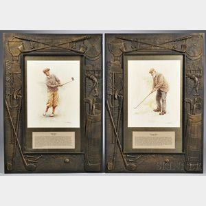 Pair of Carved Golf Frames, early 20th century, carved with classic golf items including a bag with clubs, a trophy, a flagstick, and a