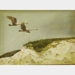 Arnold R. Eakin (American, 1914-1989) Two Swans in Flight Over Dunes