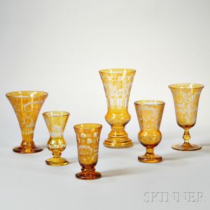 Six Bohemian Amber Etched Glass Vases