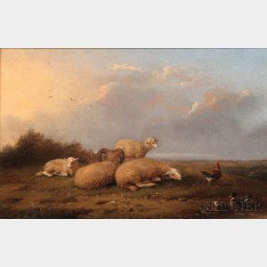 Franz Van Severdonck (Belgian, 1808-1889) Resting Sheep with Fowl