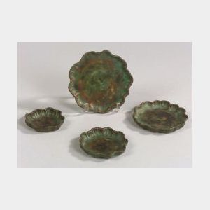 Four Tiffany Studios Bronze Verdigris Lily Pad Dishes