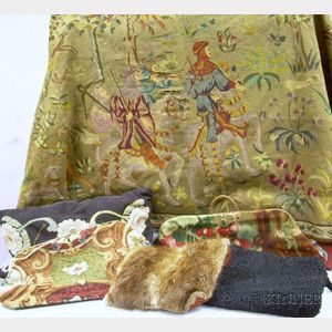 Two Victorian Carpet Bags, a Bead Embellished Needlepoint, a Wool and Silk Tapestry of a Hunting Party, Two Fur Muffs, and an Emb...