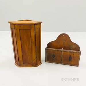 Small Country Pine Corner Cupboard and Pine Wall Pocket