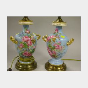 Pair of Gilt Handpainted Floral Decorated Porcelain Urn Table Lamps.