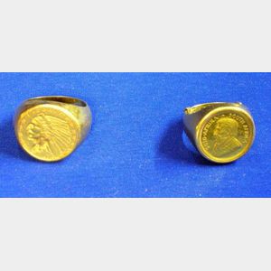 22kt Gold 1910 $5 Indian Half Head Eagle Coin Ring and an 18kt Gold South African Co in Ring.