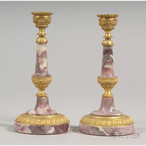 Pair of Empire Style Ormolu and Marble Candlesticks