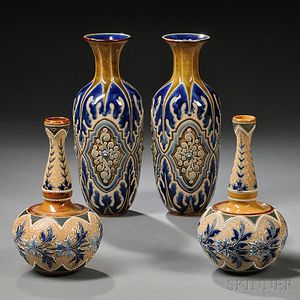 Two Pairs of Doulton Lambeth Emily Stormer Decorated Stoneware Vases
