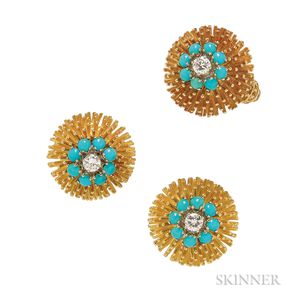 18kt Gold, Turquoise, and Diamond Earclips and Ring