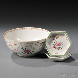 Chinese Export Porcelain Punch Bowl and Two Sweetmeat Dishes