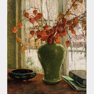 Cullen Yates (American, 1866-1945) Winter Flowers: Japanese Lanterns in a Green Vase