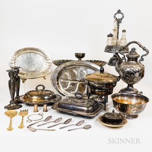 Group of Silver-plated Serving Items and Linens