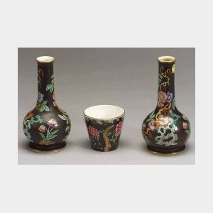 Pair of Asian Floral Decorated Black-ground Porcelain Vases and an English Beaker.