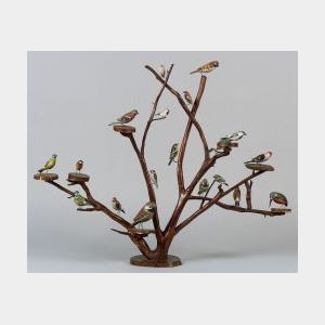 Carved and Painted Folk Art Bird Tree