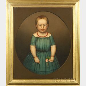 Attributed to Horace Bundy (Vermont and New Hampshire, 1814-1883) Portrait of Little Girl in Blue Wearing Coral Jewelry.