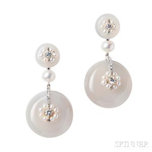18kt White Gold, Chalcedony, and Cultured Pearl Earrings