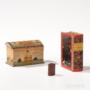Small Paint-decorated Dome-top Box and Two Miniature Book Items