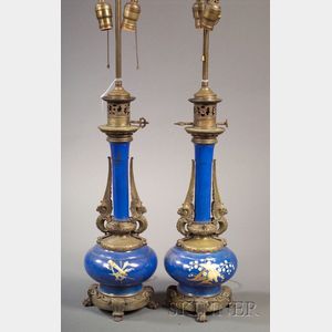 Pair of Aesthetic Movement Paris Porcelain and Bronze Mounted Lamps