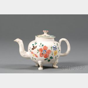 Staffordshire Enamel Decorated White Saltglazed Stoneware Teapot and Cover