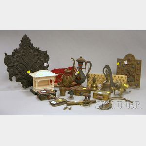 Fourteen Indo-Persian Brass and Jeweled Metal Items, Two Cloth Purses, and a Carved Wooden Printing Panel