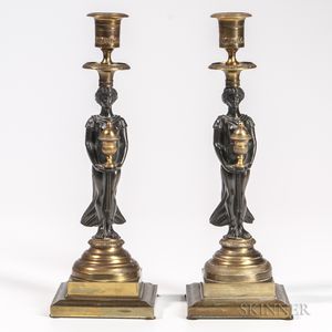 Pair of Neoclassical Gilt and Patinated Bronze Candlesticks