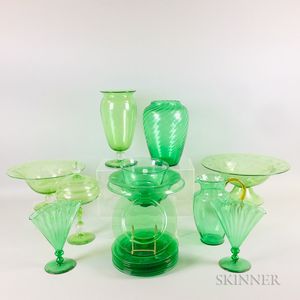 Nineteen Green Art Glass Items