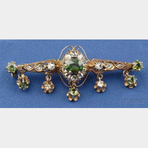 Antique 14kt Gold, Peridot, and Diamond Brooch