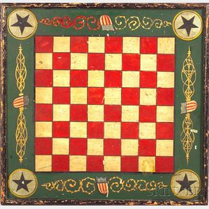 Polychrome Painted Wooden Checkerboard with American Shields and Stars