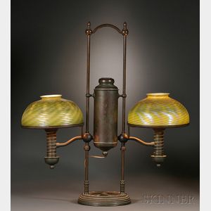 Bronze Student Lamp with Tiffany Green Damascene Glass Shades