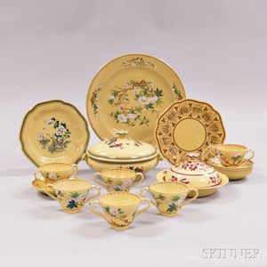 Seventeen Wedgwood Floral Transfer-decorated Cane-colored Tableware Items.