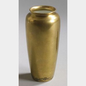 Sidney T. Callowhill Vase, 20th century, short rim on cylindrical form, gold lustre exterior, decorated with a horizontal band of styli