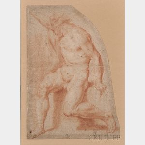 Bolognese School, 17th Century Fragmentary Drawing of a Male Nude with Right Arm Raised