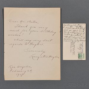 Hughes, Langston (1902-1967) Autograph Letter Signed and Signed Autograph Postcard.