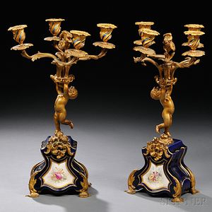 Pair of Porcelain-mounted Four-light Bronze Candelabra