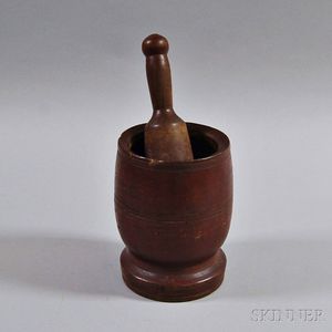 Red-painted Turned Wood Mortar and Pestle