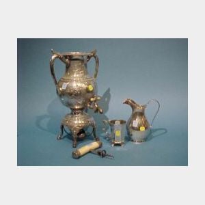Sterling and Silver Plated Pitcher, Cup, Mounted Ivory Corkscrew and Coffee Urn.