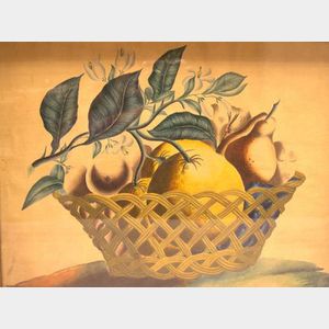 American School, 19th Century Still Life with a Basket of Fruit and Flowers.