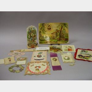 Group of Turn-of-the-Century Valentines, Holiday Cards, and Needlework Ribbons.