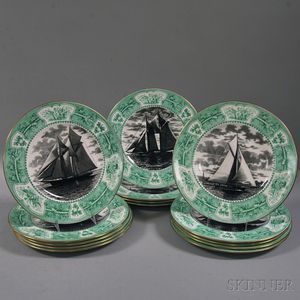 Set of Fourteen Wedgwood China Dinner Plates with Black-transfer Sailing Vessels