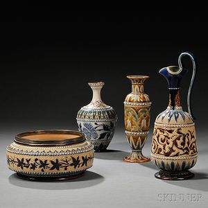 Four Doulton Lambeth Louisa Edwards Decorated Stoneware Items