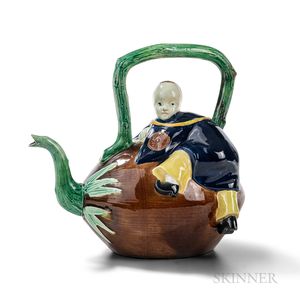 Majolica Boy on a Coconut Tea Kettle and Cover