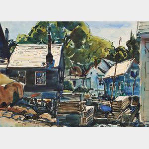 William Lester Stevens (American, 1888-1969) Three Framed Watercolors: Lobster Shacks, Village Street